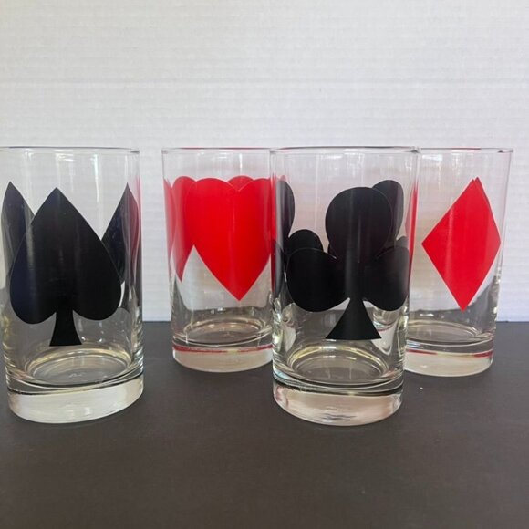 Libbey Card Suit Highball Glasses Set Of 4 - Spades Hearts Diamonds Clubs Design - Picture 2 of 5